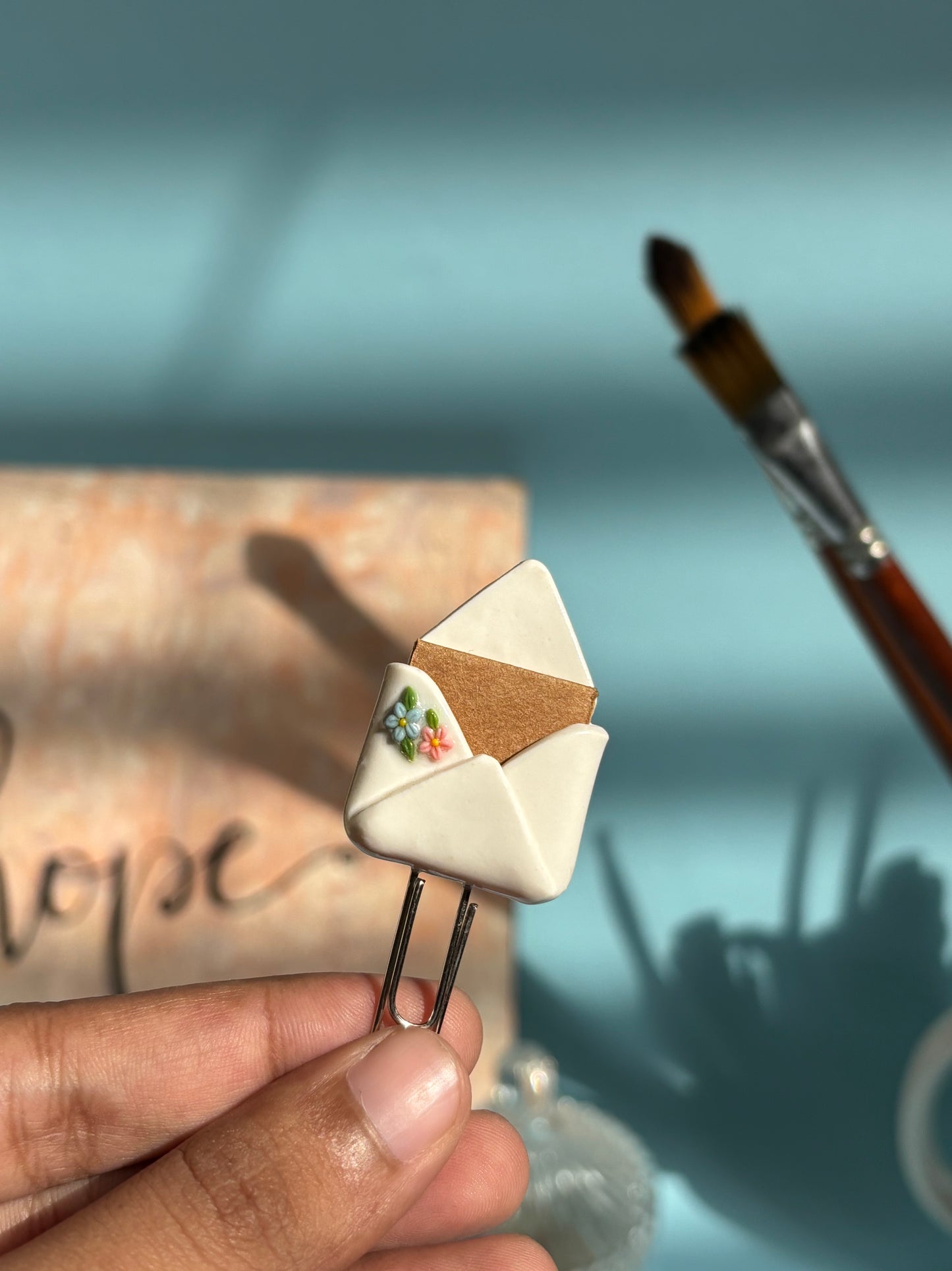 Flopey polymer clay envelope bookmark close-up