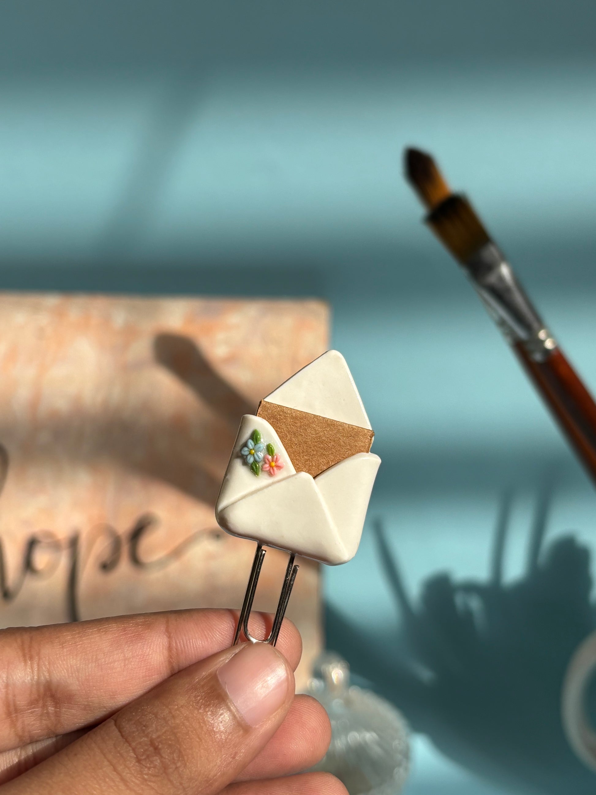 Flopey polymer clay envelope bookmark close-up