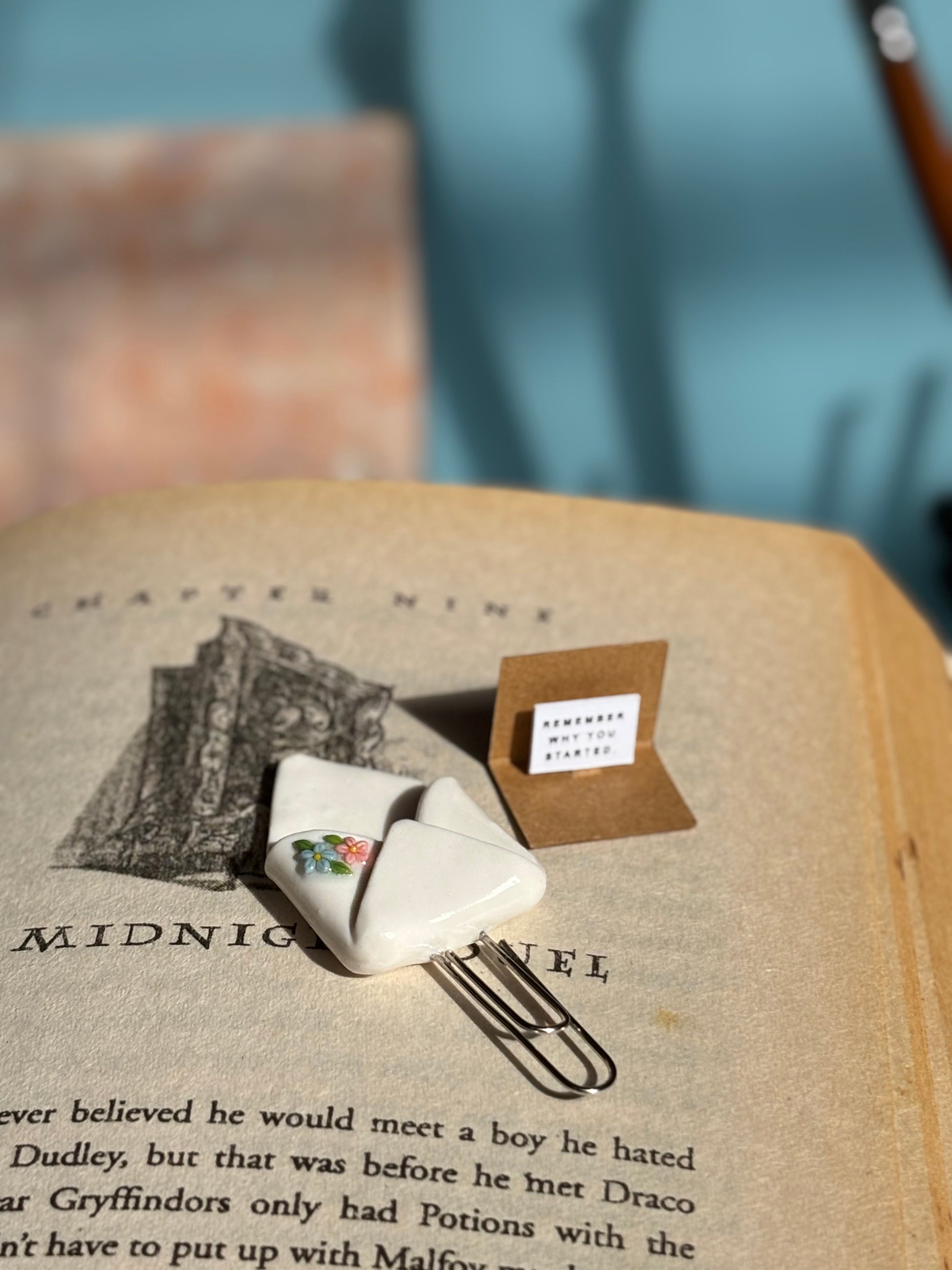 Flopey polymer clay bookmark styled on an open book
