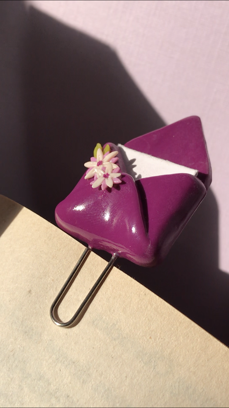 Flople purple floral envelope polymer clay bookmark close-up