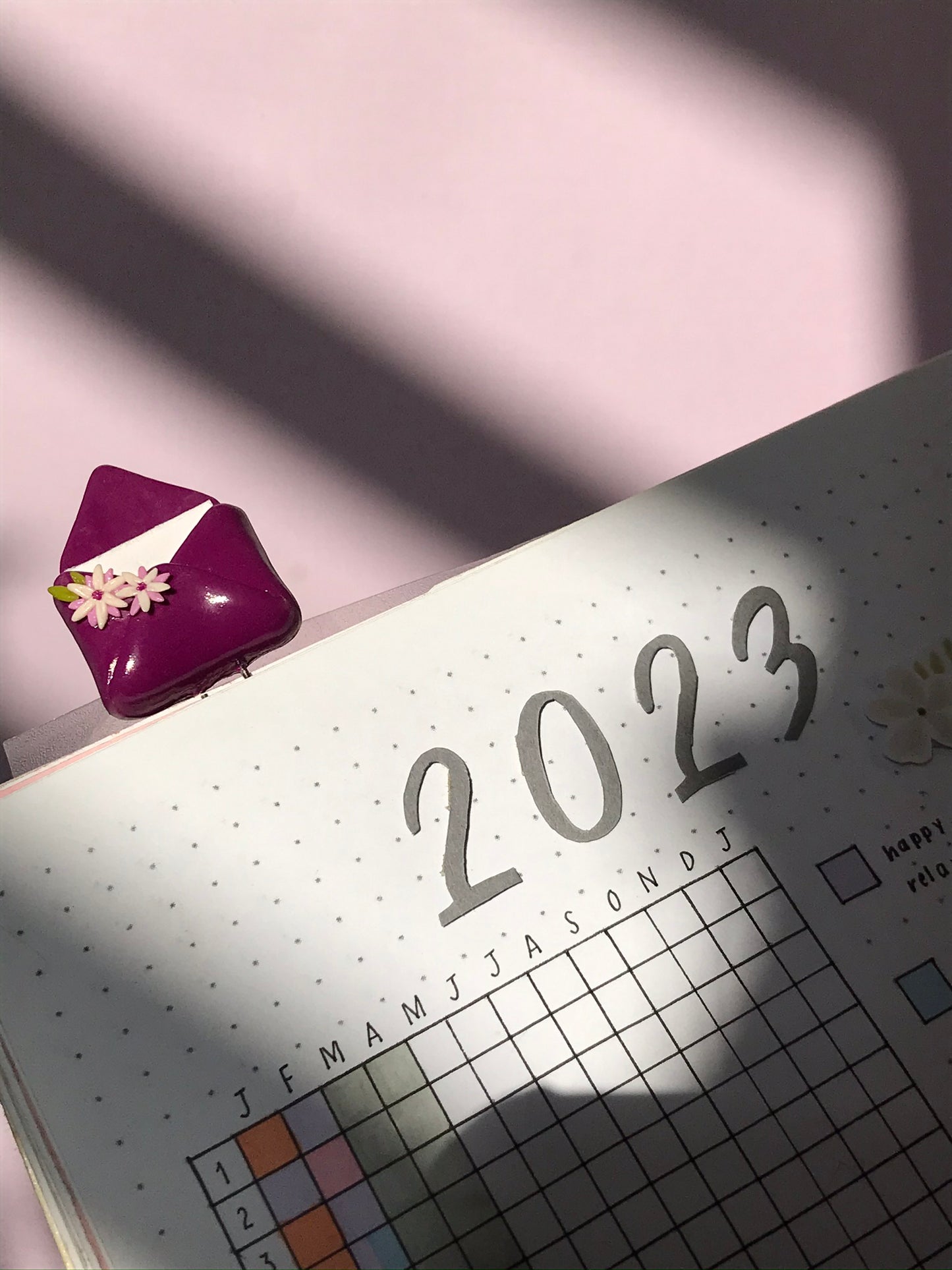 Flople purple floral envelope polymer clay bookmark on planner