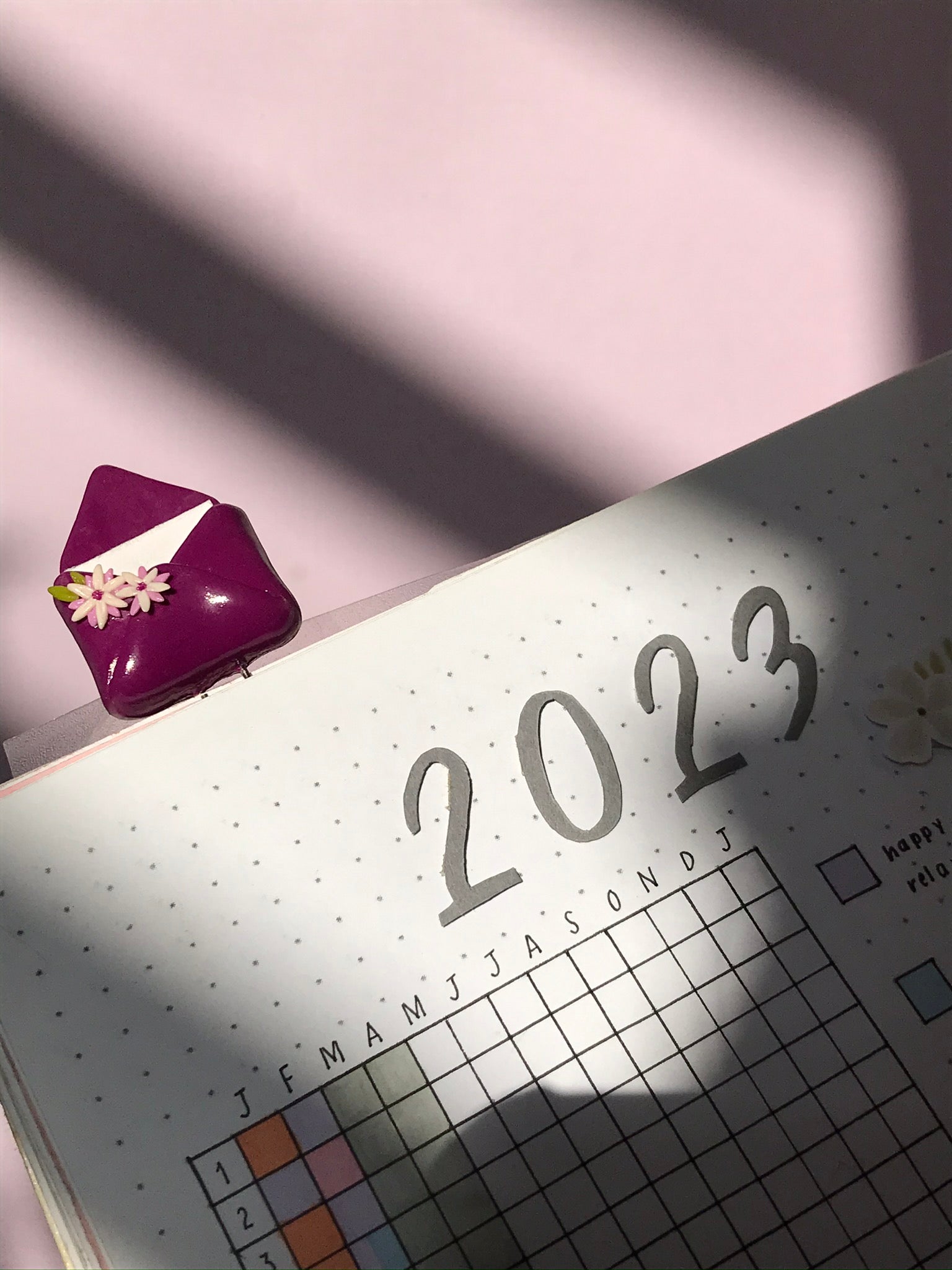 Flople purple floral envelope polymer clay bookmark on planner
