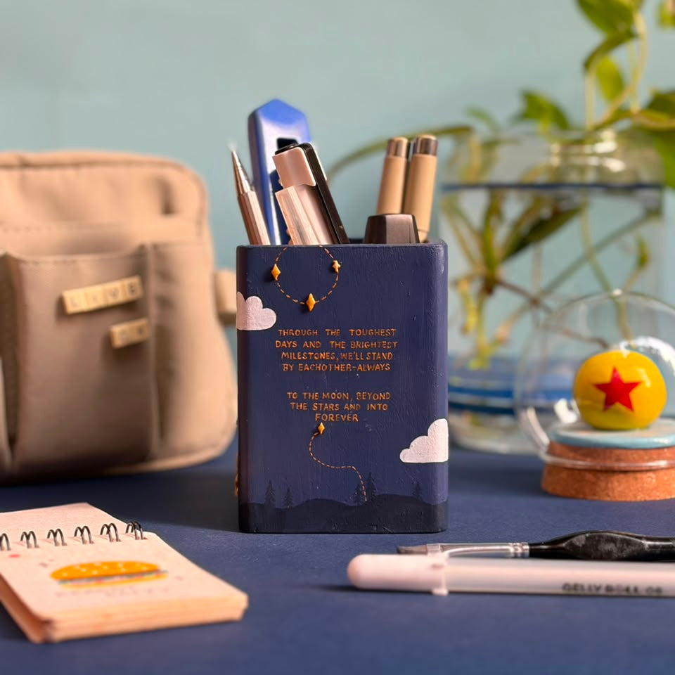 Side view showing custom quote on personalized desk organizer