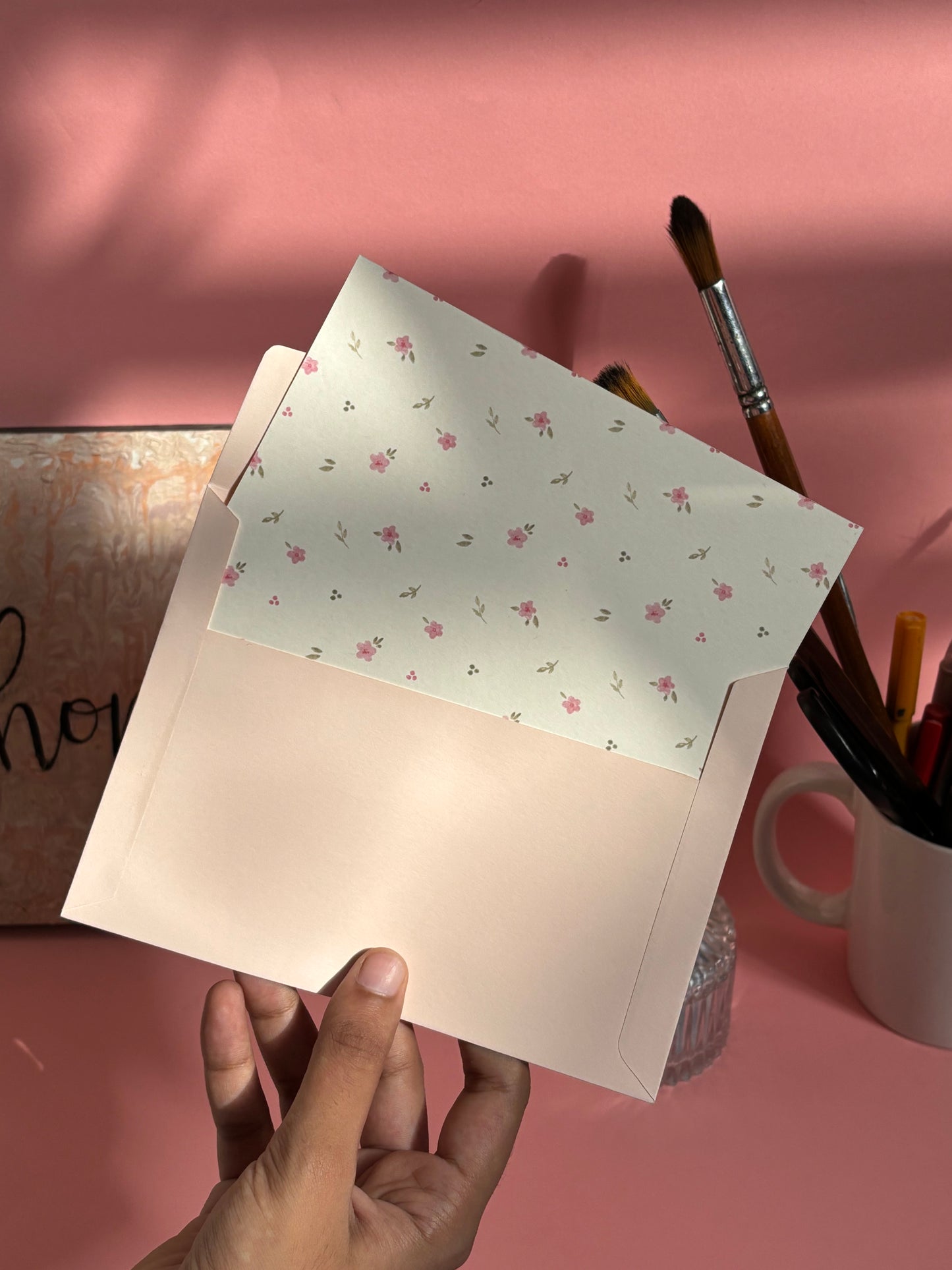 Pink floral greeting card and coordinating envelope