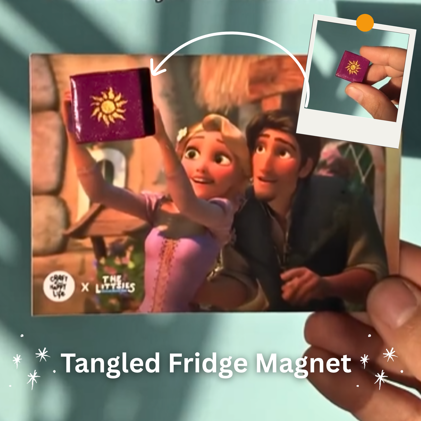 Tangled inspired fridge magnet displayed with themed artwork